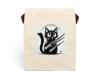 Bolsa de almuerzo de lona con correa, bolsa de gato negro, bolsa de gato de lona, bolsa de mano de gato
