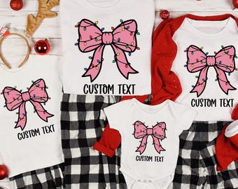 Pink Bow Custom Text Xmas T-shirt, Soft Christmas Shirt, Handmade Matching Family Christmas Set