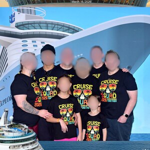 May include: A group of people wearing matching black t-shirts with a colorful "CRUISE SQUAD 2026" design. The background features a cruise ship and the text "EXPLOR". The date "March 16, 2026" is visible.