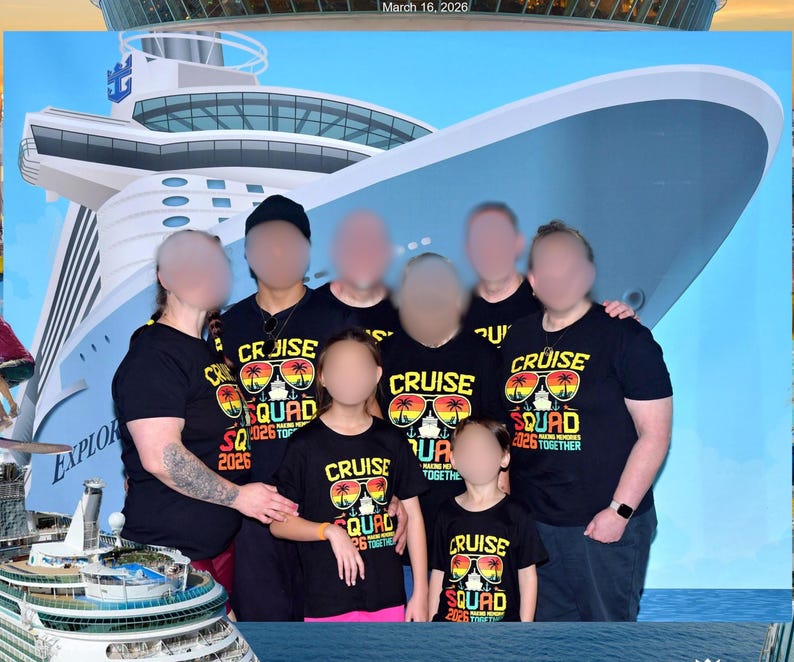 May include: A group of people wearing matching black t-shirts with a colorful "CRUISE SQUAD 2026" design. The background features a cruise ship and the text "EXPLOR". The date "March 16, 2026" is visible.