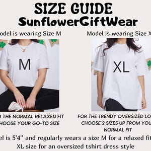 The image is a size guide for SunflowerGiftwear clothing, showing two models wearing different sizes of t-shirts.