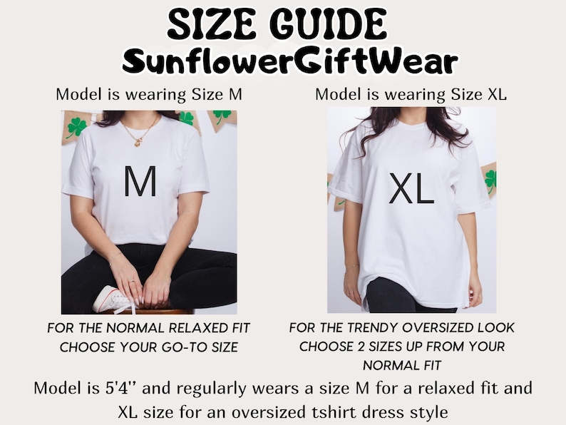 The image is a size guide for SunflowerGiftwear clothing, showing two models wearing different sizes of t-shirts.