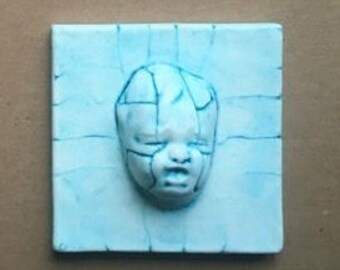H.R. Giger Style: Ceramic Wall Tile, Crybaby Series, Ceramic sculpture, ceramic tile, wall art, room decor, sculpted art tile, 4x4 inches