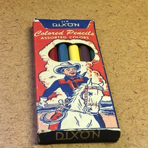 Vintage Dixon Colored Pencils wood pencils, 1/2 dozen in original package, Cool Cowboy graphics collectible pencils hard to find, free ship!