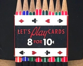 Rare Playing Card Pencils.   8 wood pencils in beautiful colored wrap, shape barely used, rare collectible cool drawing tool. Free ship US.