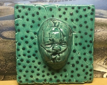 H.R. Giger Style: Ceramic Wall Tile, Crybaby Series, Ceramic sculpture, ceramic tile, wall art, room decor, sculpted art tile, 4x4 inches