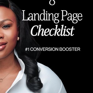 May include: A digital marketing guide cover with the text "8 Landing Page Checklist" in white against a black background. The guide is labeled as a "#1 Conversion Booster" and "Simple PDF Guide". A woman is featured on the left side.
