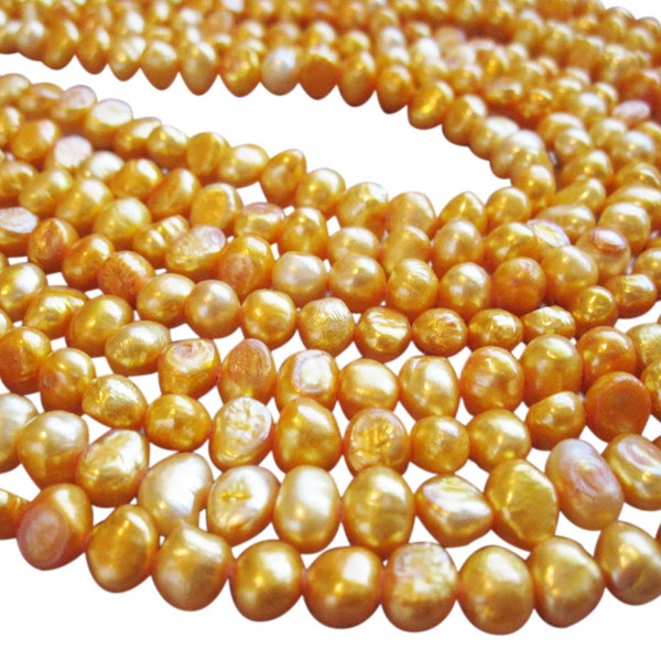 Orange Pearls, Orange Freshwater Pearls, Potato Shape, Full Strand, 6mm x 7mm, Brides Bridal, Weddings, Halloween, SKU 2006