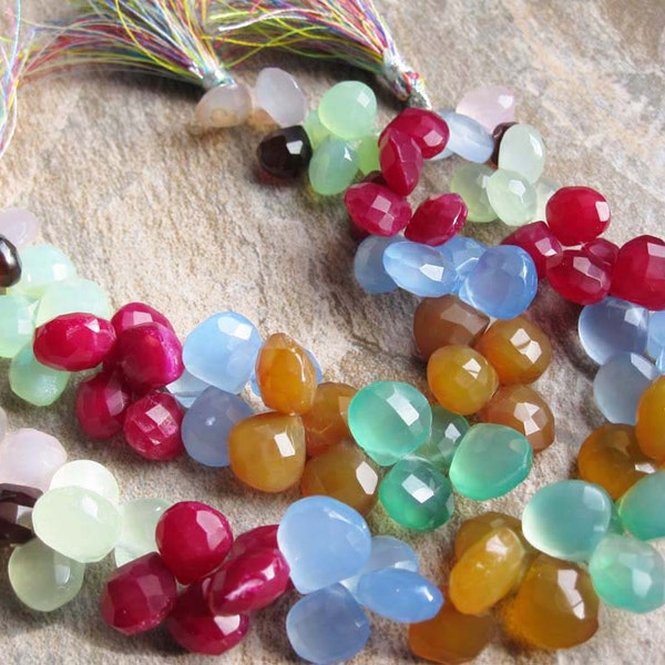 Multi Color Chalcedony Faceted Heart Briolettes