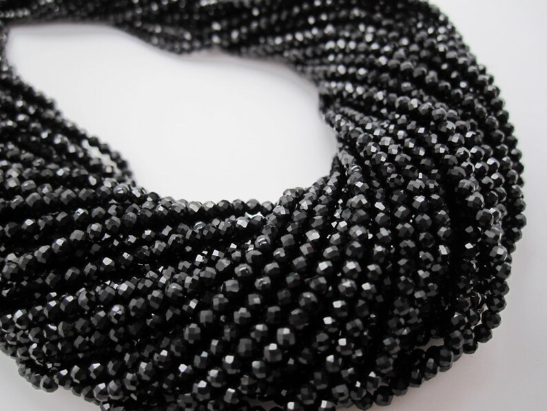 Natural Black Spinel Beaded Necklace - Handmade 18" Strand - Round Faceted Gems
