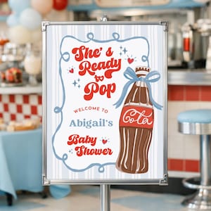 Ready to Pop Baby Shower Welcome Sign, Editable Canva Template, Retro Soda Pop