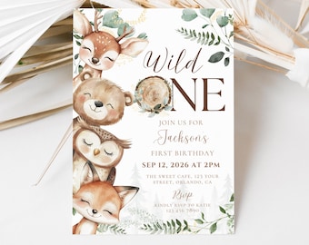 Woodland First Birthday Invitation Template: Forest Animals (5x7, PDF Download)