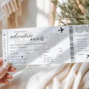 May include: A baby shower invitation designed as a boarding pass, featuring the text "The Greatest Adventure Awaits." The invitation includes details for Abigail Johnson's baby shower, with a world map graphic and airplane illustrations.
