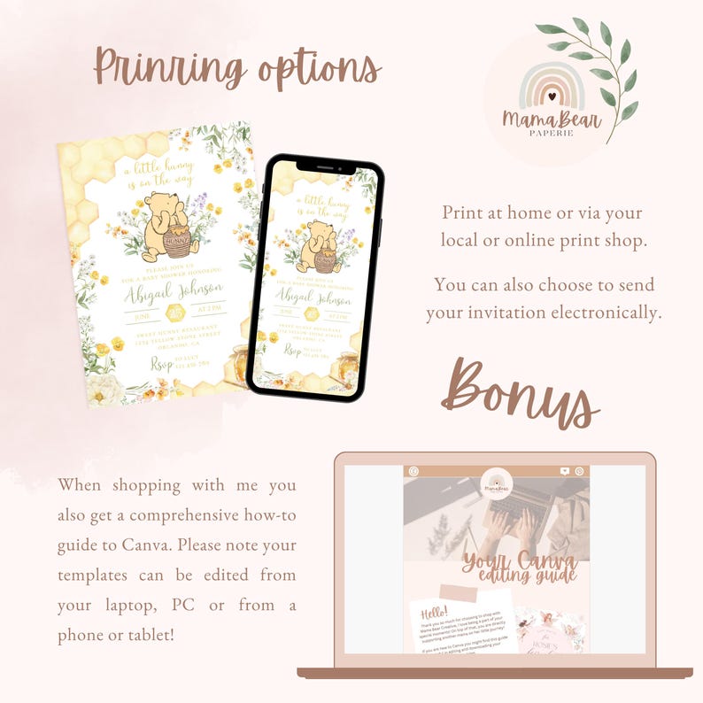 May include: A baby shower invitation design featuring Winnie the Pooh with the text "A little honey is on the way." The design is available for print or electronic use. The image also shows a laptop with a Canva editing guide.