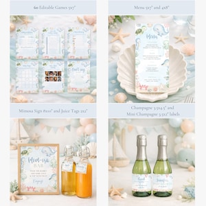 K&ouml;nnte beinhalten: Eine Sammlung von Babyparty-Dekorationen mit nautischem Thema. Enth&auml;lt Spiele, eine Speisekarte, ein Mimosa-Bar-Schild, Saftanh&auml;nger und Champagneretiketten. Das Farbschema ist hellblau, rosa und wei&szlig;, mit Illustrationen von Meeresbewohnern.