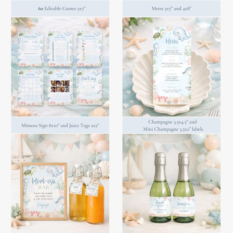 K&ouml;nnte beinhalten: Eine Sammlung von Babyparty-Dekorationen mit nautischem Thema. Enth&auml;lt Spiele, eine Speisekarte, ein Mimosa-Bar-Schild, Saftanh&auml;nger und Champagneretiketten. Das Farbschema ist hellblau, rosa und wei&szlig;, mit Illustrationen von Meeresbewohnern.