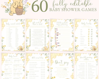 Winnie the Pooh Baby Shower Games Bundle: 60 Printable Games (Canva Editable, Digital Download)