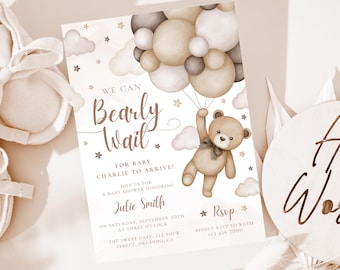Boho Bearly Wait Baby Shower Invitation, Beige Teddy Bear Baby Shower Invite, Gender Neutral Baby Shower, Teddy Bear Baby Shower Template
