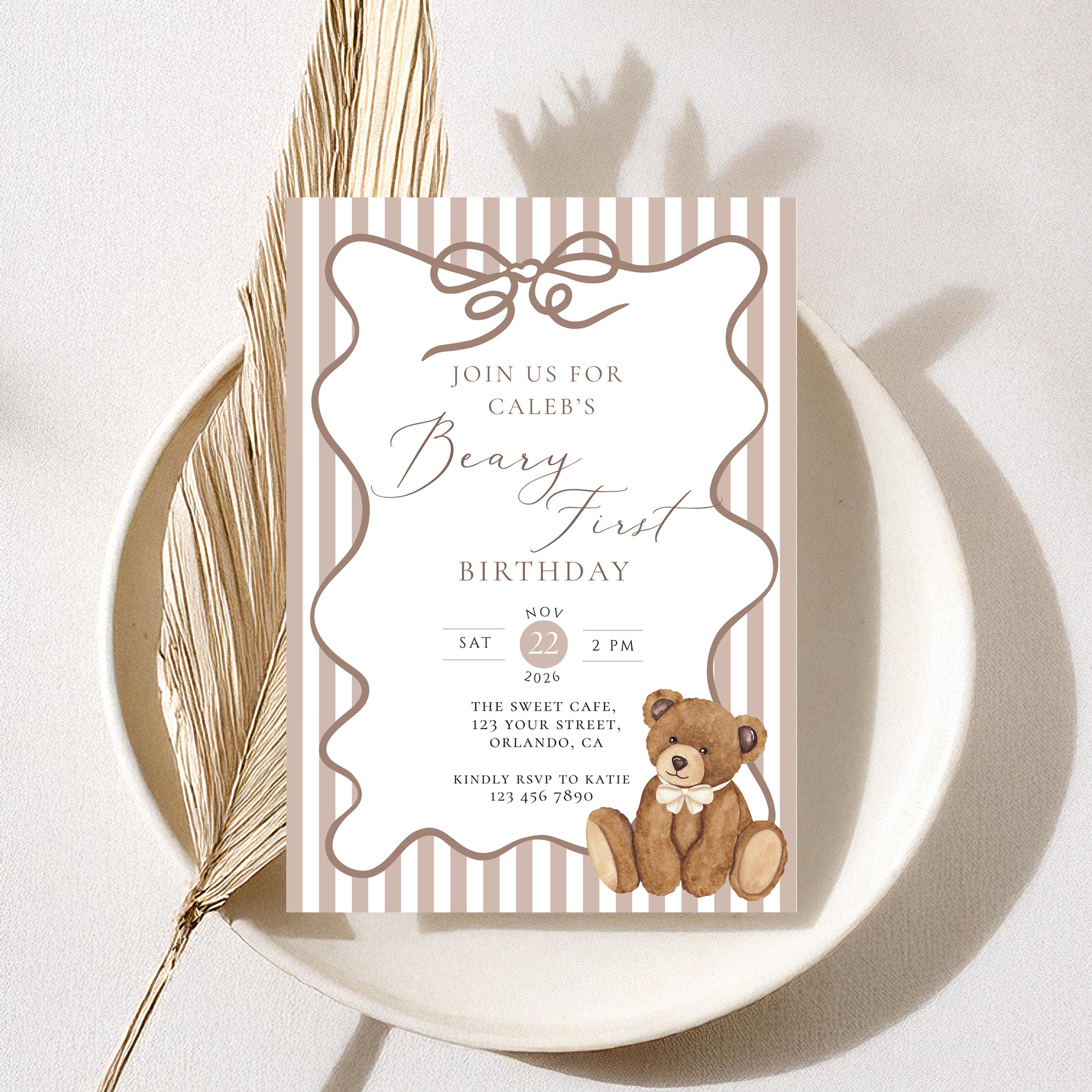 Beary First Birthday Invitation Template: Boho Teddy Bear 1st Birthday ...