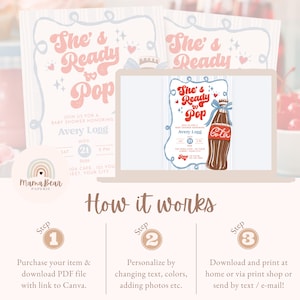 May include: Baby shower invitation with the text "She's Ready to Pop" in pink and red. The invitation features a vintage soda bottle illustration and event details. The design includes a light blue border and decorative elements.