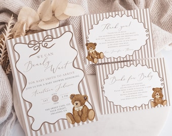 Szablon zaproszenia na baby shower z misiem: neutralny pod względem płci, do druku. Możemy czekać z niecierpliwością.