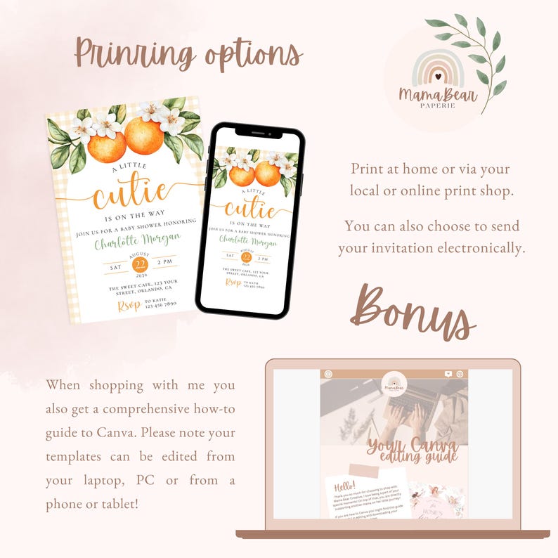 Peut inclure: Conception d'invitation de baby shower avec des illustrations d'oranges et le texte "A Little Cutie Is On The Way". Le design est affich&eacute; sur une carte, un smartphone et un &eacute;cran d'ordinateur portable. L'invitation comprend les d&eacute;tails de la baby shower de Charlotte Morgan.