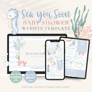 May include: A baby shower website template with a sea-themed design. The design includes a seahorse, jellyfish, and crab illustrations. The text includes "Sea you Soon", "Baby Shower", and "Website Template". The template is displayed on a tablet, phone, and computer.