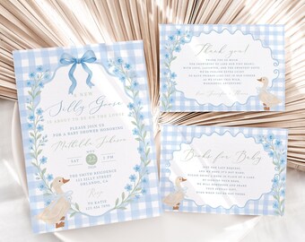 Blue Silly Goose Baby Shower Invitation Template: Books for Baby, Diaper Raffle, Thank you