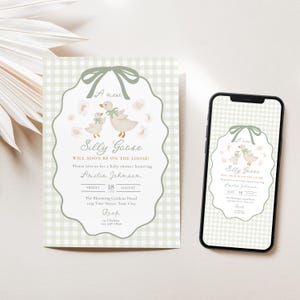 May include: A baby shower invitation with a whimsical design. The invitation features a light green gingham background and a central oval frame with a goose illustration. The text reads "Silly Goose" and details for the event.