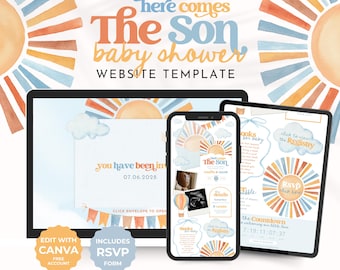 Hier kommt der Sohn-Babyparty-Website-Einladungs-Vorlage, Retro-Sonnenschein-Canva einladen