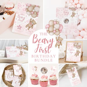 Lot fête premier anniversaire nounours rose, invitation 1er anniversaire ours en peluche, panneau de bienvenue, cartes jalon, étiquette de remerciement anniversaire nounours rose