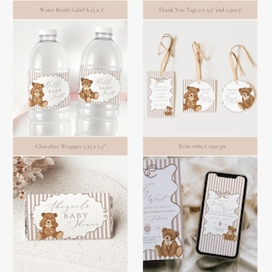 Op de afbeelding: Een collectie baby shower briefpapier met een teddybeer thema. Inclusief waterfleslabels, bedankkaartjes, een chocoladewikkel en een uitnodiging. De items hebben een neutraal kleurenpalet met gestreepte achtergronden en decoratieve randen.