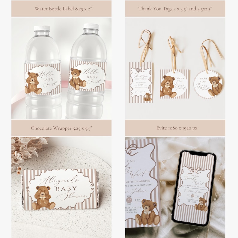 Op de afbeelding: Een collectie baby shower briefpapier met een teddybeer thema. Inclusief waterfleslabels, bedankkaartjes, een chocoladewikkel en een uitnodiging. De items hebben een neutraal kleurenpalet met gestreepte achtergronden en decoratieve randen.