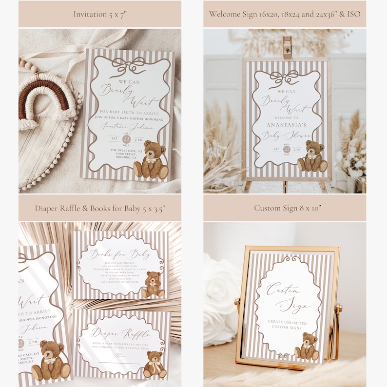 Op de afbeelding: Een collectie baby shower briefpapier met een teddybeer thema. Inclusief uitnodigingen, welkomstborden, luier verloting kaarten en aangepaste borden. De ontwerpen hebben een gestreepte achtergrond en decoratieve randen.