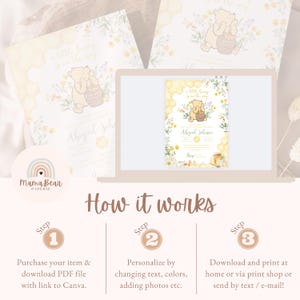 May include: A digital invitation design featuring a Winnie the Pooh theme. The design includes a cartoon bear holding a honey pot, floral accents, and the text "A little honey is on the way." The invitation is displayed on a laptop screen and printed cards.