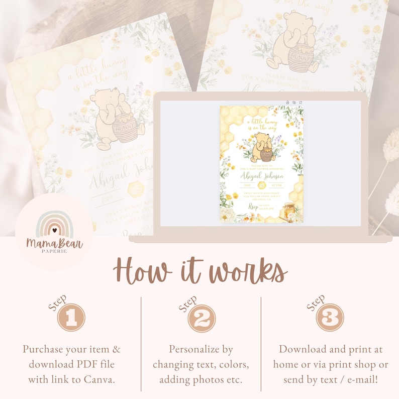 May include: A digital invitation design featuring a Winnie the Pooh theme. The design includes a cartoon bear holding a honey pot, floral accents, and the text "A little honey is on the way." The invitation is displayed on a laptop screen and printed cards.