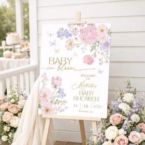 Baby in Bloom Welcome Sign Template, Pastel Purple and Pink Butterfly Welcome Poster, Canva