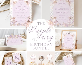 May include: Purple fairy themed birthday party printable bundle with a welcome sign, food label, cupcake toppers, and a custom sign. The bundle also includes a one year old birthday banner with the letters O, N, and E.