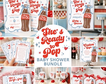 She's Ready to Pop Baby Shower Bundle, Soda Pop Games, Boy Baby Shower Editable Canva Template