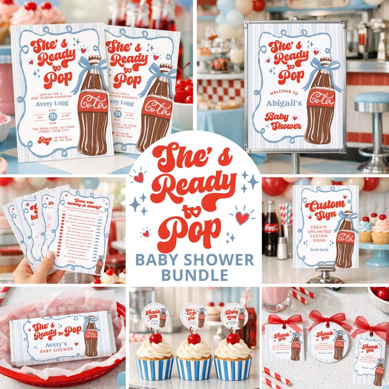 She's Ready to Pop Baby Shower Bundle, Soda Pop Games, Boy Baby Shower Editable Canva Template image 1