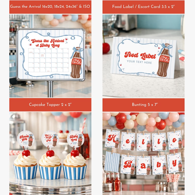 May include: A collection of baby shower decorations featuring a retro soda theme. Includes a sign with a calendar, food labels, cupcake toppers, and a banner spelling "Hello Baby". The color scheme is red, white, and blue.