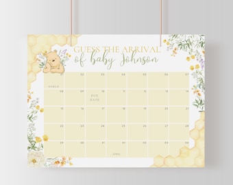 Winnie the Pooh Baby Shower Game: Guess the Due Date Calendar (Canva Template, Digital Download)