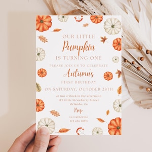 Little Pumpkin 1st Birthday Invitation, Pumpkin Invitation Template, Our Little Pumpkin is Turning One, Pumpkin First Birthday Invite Canva