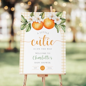 Little Cutie Baby Shower Welcome Sign: Orange Theme (Editable Canva Template, Instant Download)
