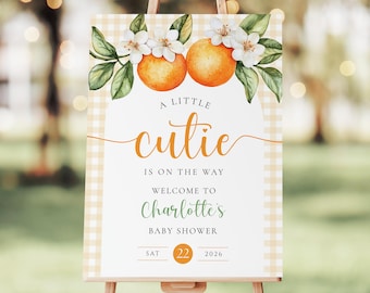 Letrero de bienvenida para baby shower "Little Cutie": tema naranja (plantilla editable de Canva, descarga instantánea)