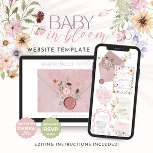 May include: A digital website template for a baby shower featuring the text BABY in bloom. The design includes a pink envelope with a heart wax seal, floral illustrations, and mobile-responsive layouts for invitations, registry, and RSVP forms.