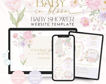 Baby in Bloom Babyparty Website Einladung Vorlage, bearbeitbar Wildflower Digital Invite mit Antwort Antwort