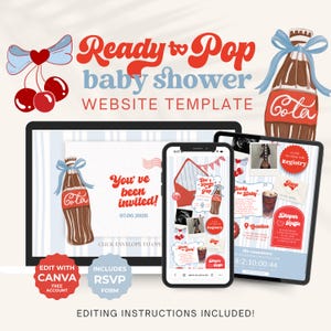 Peut inclure: Un modèle de site web pour une baby shower sur le thème du soda rétro. Le design présente une tablette, un téléphone et un écran d'ordinateur affichant les détails de l'invitation, ainsi que des illustrations de cerises et de soda. Le texte comprend "Ready to Pop".