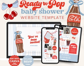Sie ist bereit für die Pop-Babyparty-Website-Vorlage, bearbeitbar Einladen mit Antwortmöglichkeit, Retro Soda