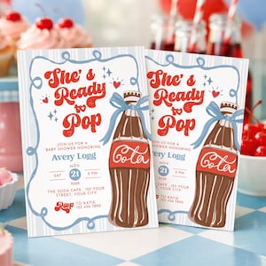 She’s Ready to Pop Baby Shower Invitation, Retro Soda Invite, Coke Blue & Red Template